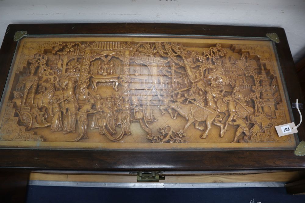 A Chinese carved camphor lined chest, width 110cm, depth 54cm, height 63cm